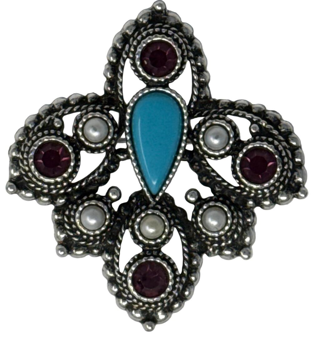 Vintage 70s Sarah Coventry Brooch Silver Tone Purple Turquoise Pearl Beads